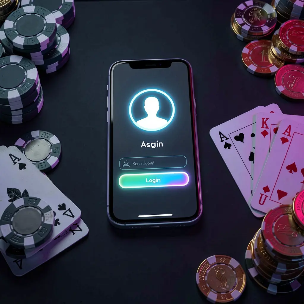 PP BD casino app login scene on a smartphone with a glowing user profile icon, surrounded by chips, cards, and coins against an elegant dark background with neon highlights