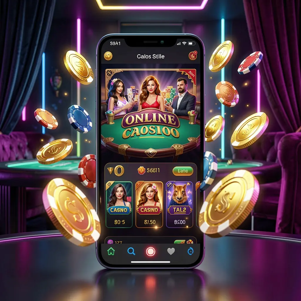 PP BD online casino mobile app hero banner featuring a modern smartphone with a glowing casino interface, golden coins and poker chips flying around against a dark luxury background with neon accents