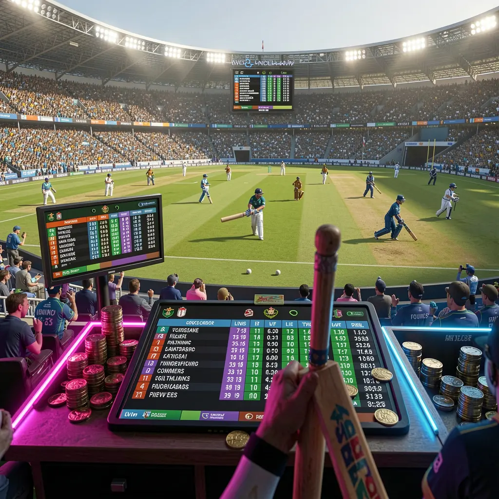 PP BD cricket sportsbook scene in a packed cricket stadium with a green field, bat and ball, digital live odds panels, coins, and neon lighting in a cinematic 3D render PP BD cricket sportsbook scene in a packed cricket stadium with a green field, bat and ball, digital live odds panels, coins, and neon lighting in a cinematic 3D render