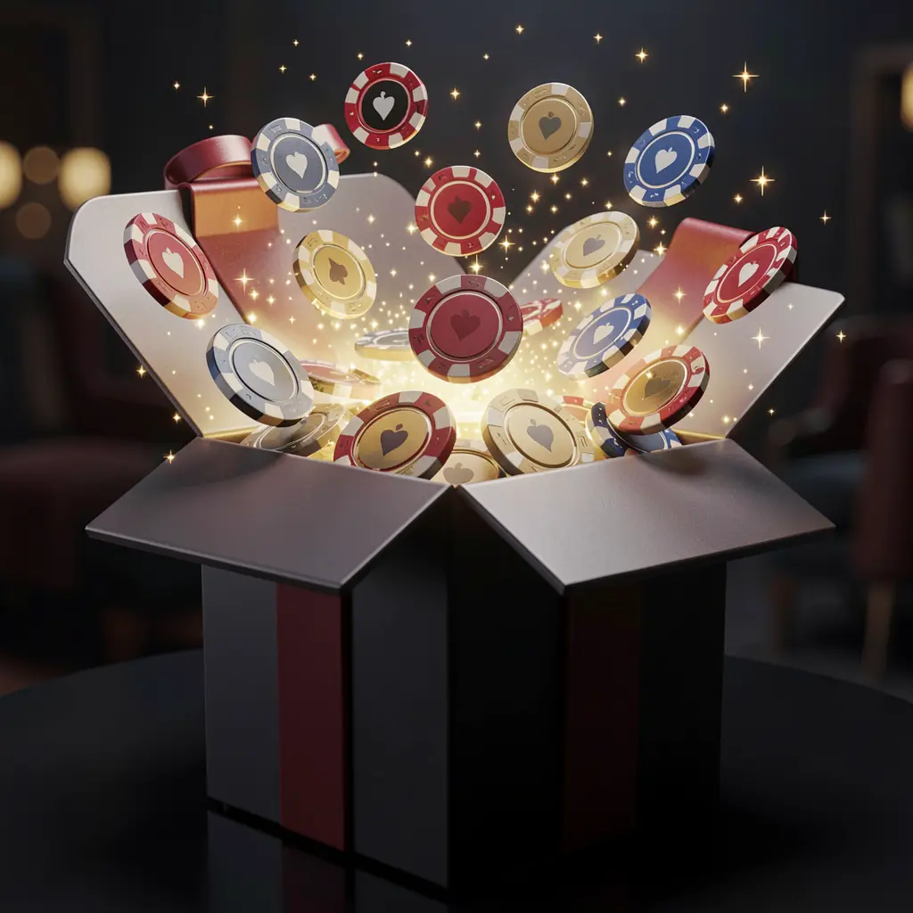 Realistic 3D render of a glowing gift box with free casino chips emerging, surrounded by magical sparkles on a dark premium background, representing PP BD no deposit bonus Realistic 3D render of a glowing gift box with free casino chips emerging, surrounded by magical sparkles on a dark premium background, representing PP BD no deposit bonus