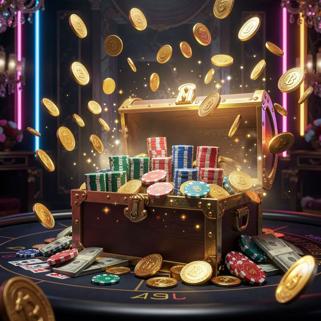 PP BD premium online casino bonus hero banner featuring golden coins flying in the air and a glowing treasure chest full of chips and cash against a luxury dark background with neon accents, creating a festive and elegant casino atmosphere with high detail and cinematic lighting PP BD premium online casino bonus hero banner featuring golden coins flying in the air and a glowing treasure chest full of chips and cash against a luxury dark background with neon accents, creating a festive and elegant casino atmosphere with high detail and cinematic lighting