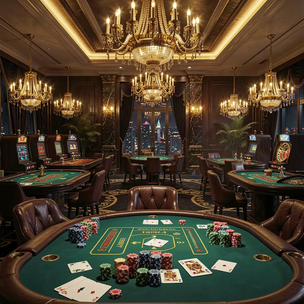 PP BD high-end casino lobby featuring golden lights, roulette tables with chips and cards, elegant premium design against a dark cinematic background, ultra detailed 3D render PP BD high-end casino lobby featuring golden lights, roulette tables with chips and cards, elegant premium design against a dark cinematic background, ultra detailed 3D render