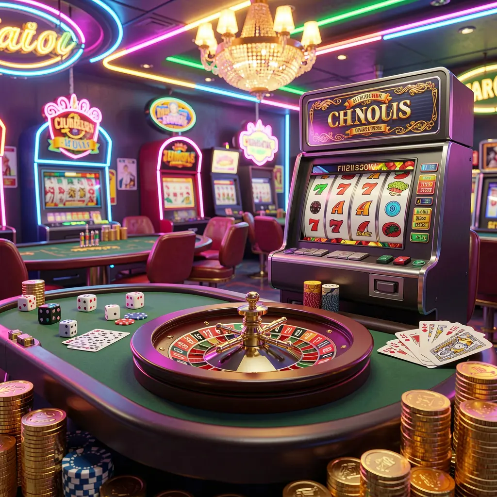 PP BD casino entertainment scene featuring a slot machine, roulette wheel, dice, cards, and golden coins illuminated by colorful neon lights in a high-quality 3D render PP BD casino entertainment scene featuring a slot machine, roulette wheel, dice, cards, and golden coins illuminated by colorful neon lights in a high-quality 3D render