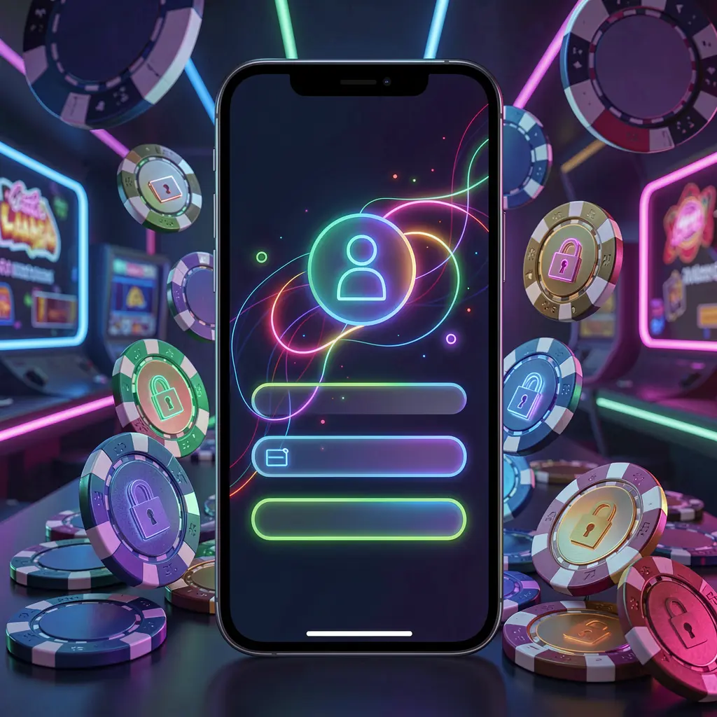 PP BD mobile gaming login page concept showing a smartphone with an abstract login interface featuring user and lock icons, surrounded by casino chips and coins under luxury neon lighting PP BD mobile gaming login page concept showing a smartphone with an abstract login interface featuring user and lock icons, surrounded by casino chips and coins under luxury neon lighting