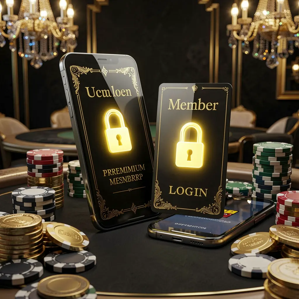 PP BD casino member login concept featuring a premium membership card beside a smartphone with a glowing lock symbol, poker chips, and coins on a black and gold luxury background in a realistic 3D illustration PP BD casino member login concept featuring a premium membership card beside a smartphone with a glowing lock symbol, poker chips, and coins on a black and gold luxury background in a realistic 3D illustration