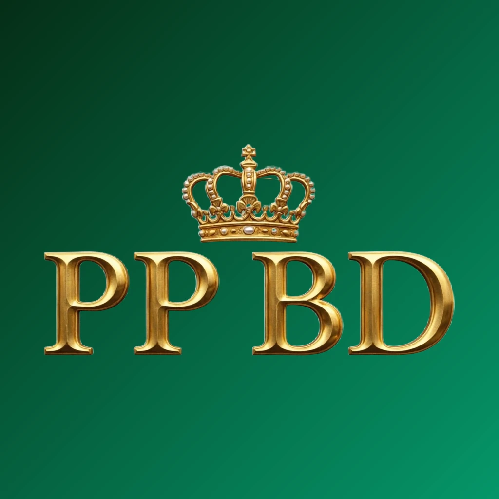 PP BD luxury brand logo with gold metallic crown above the letters, royal design on transparent background, wide horizontal rectangular wordmark for website header PP BD luxury brand logo with gold metallic crown above the letters, royal design on transparent background, wide horizontal rectangular wordmark for website header