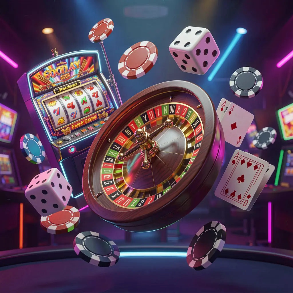 PP BD casino games collection homepage visual featuring a colorful 3D render of a slot machine, roulette wheel, dice, playing cards, and poker chips floating together with vibrant neon lights PP BD casino games collection homepage visual featuring a colorful 3D render of a slot machine, roulette wheel, dice, playing cards, and poker chips floating together with vibrant neon lights
